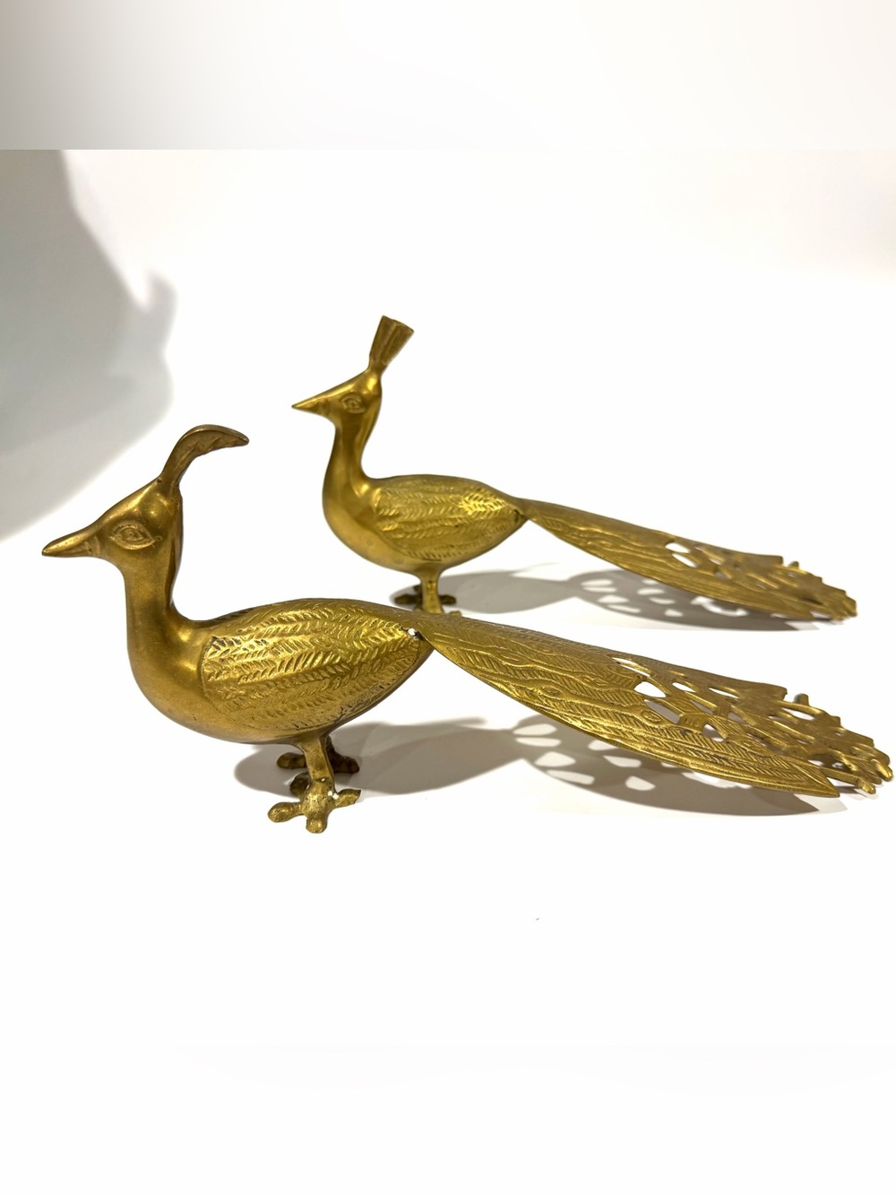 Vintage Set of 2 Brass Gold Peacocks Figurines MCM 10.5" Pair Of MALE & FEMALE